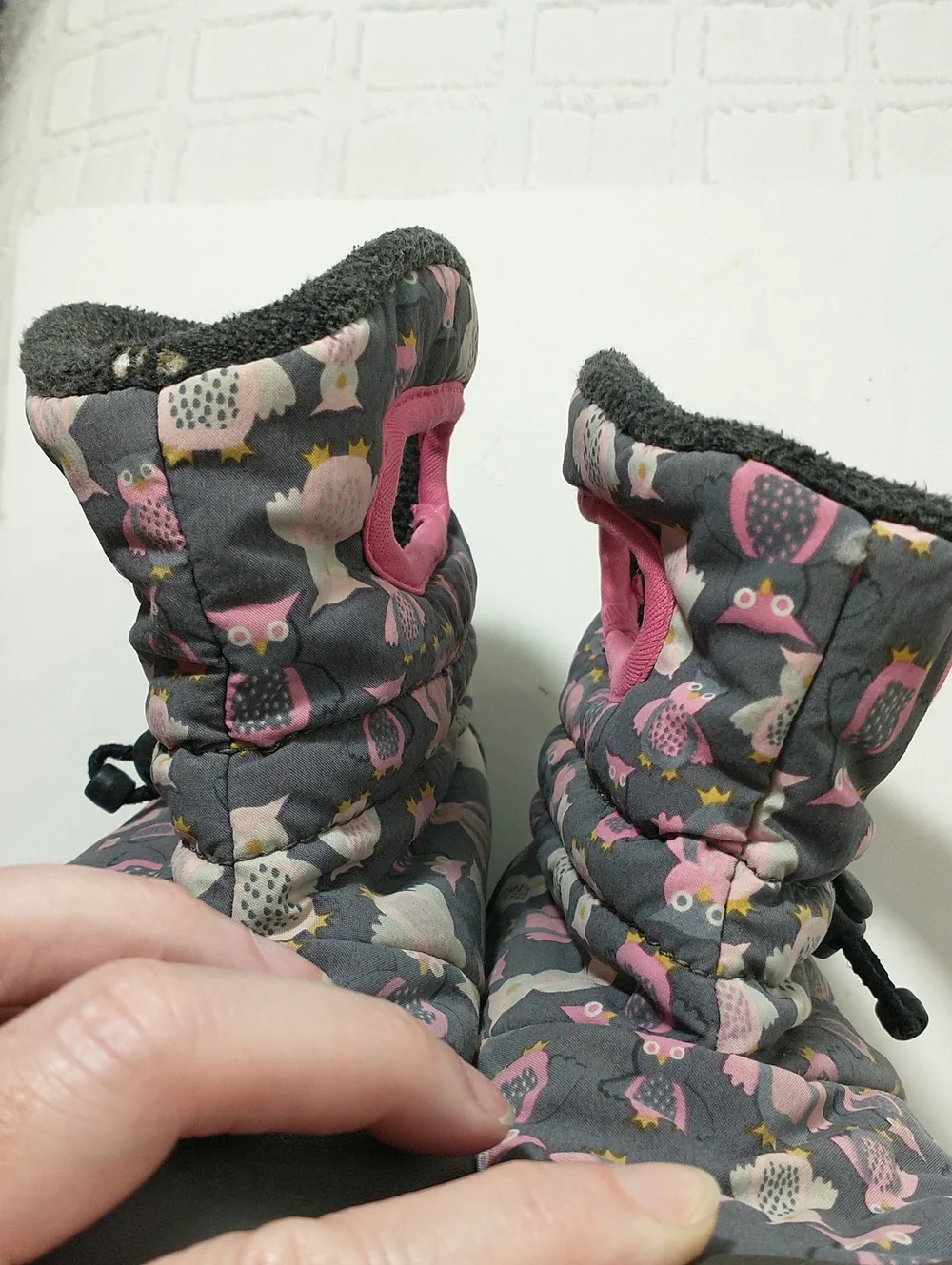 Bogs Winter Snow Boots, Owls, Pink / Gray, Size 13, Rated -4 F, Adjustable Cord